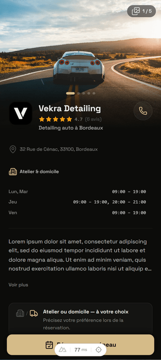 Page de réservation Vekra — LD Detailing Lyon avec services, tarifs et paiement d'acompte